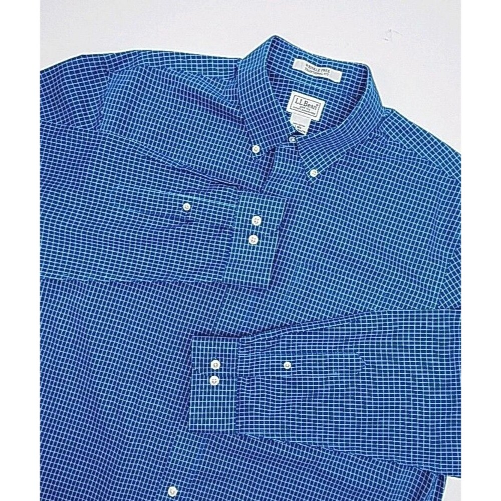 LL Bean Shirt Cotton Men Sz Large Teal Plaid Button Long Sleeve Classic 285275